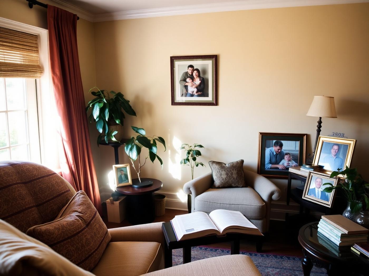 A tidy, sunlit living room with family photos and plants